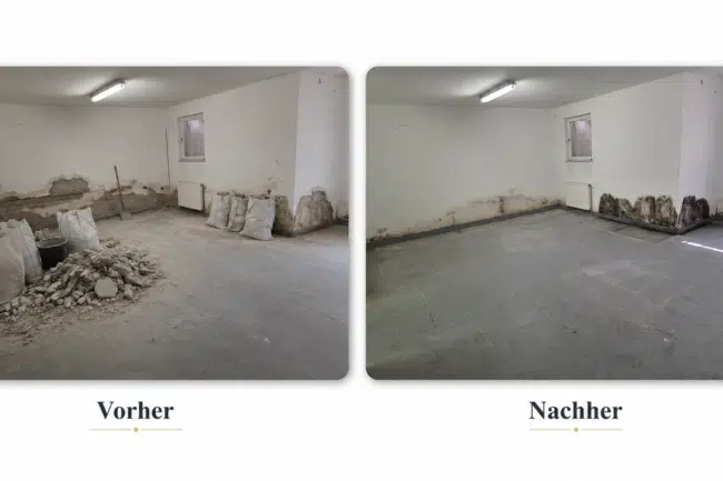 Baustellen Entrümpelung mit Bauschutt, Säcken und geräumtem Kellerraum