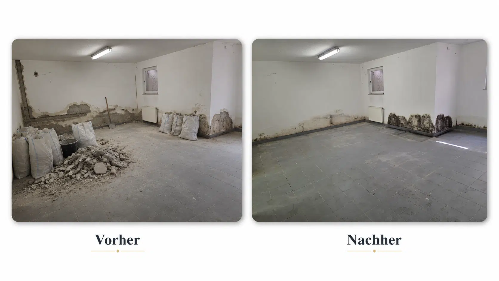 Baustellen Entrümpelung Baustellen Entrümpelung: Vorher-Nachher-Vergleich eines geräumten Kellerraums mit Bauschutt
