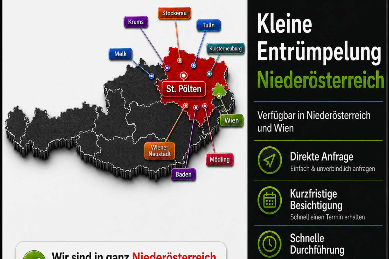 Kleine Entrümpelung Niederösterreich ab 200 Euro mit Österreich-Karte und markierten Einsatzorten