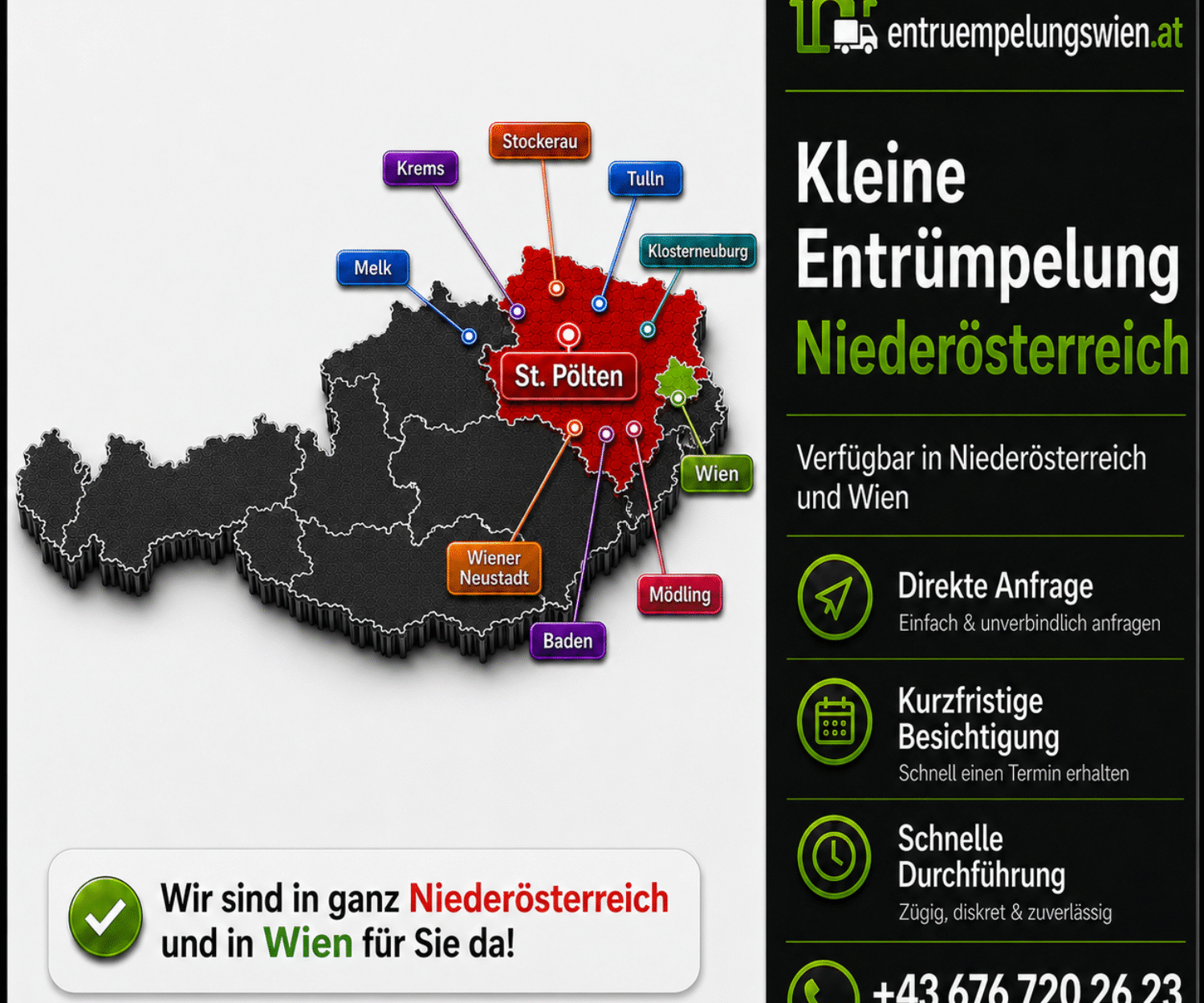 Kleine Entrümpelung Niederösterreich ab 200 Euro mit Österreich-Karte und markierten Einsatzorten