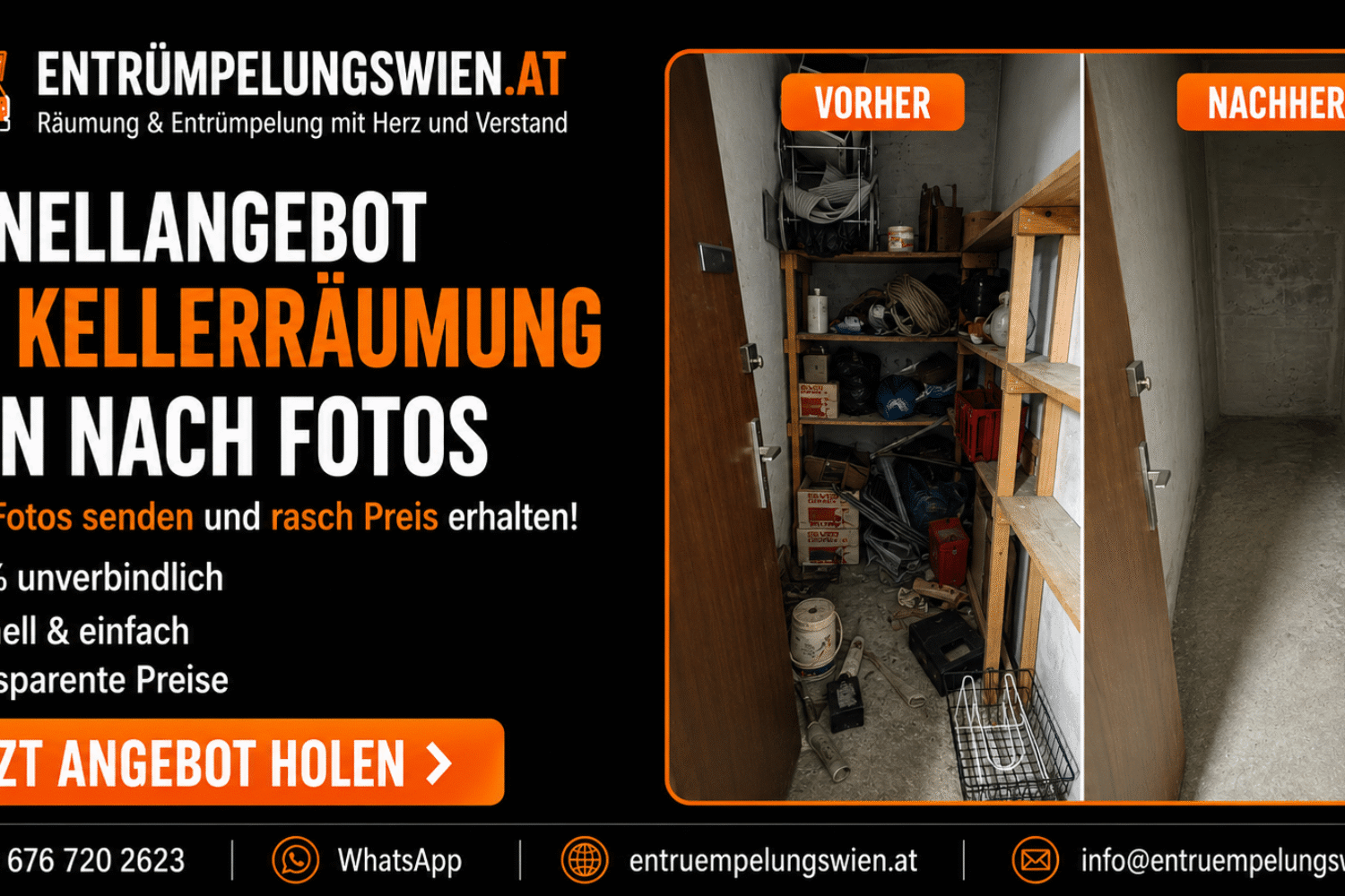 Schnellangebot für Kellerräumung Wien nach Fotos – Vorher-Nachher-Aufnahme eines vollgestellten und anschließend vollständig geräumten Kellerabteils