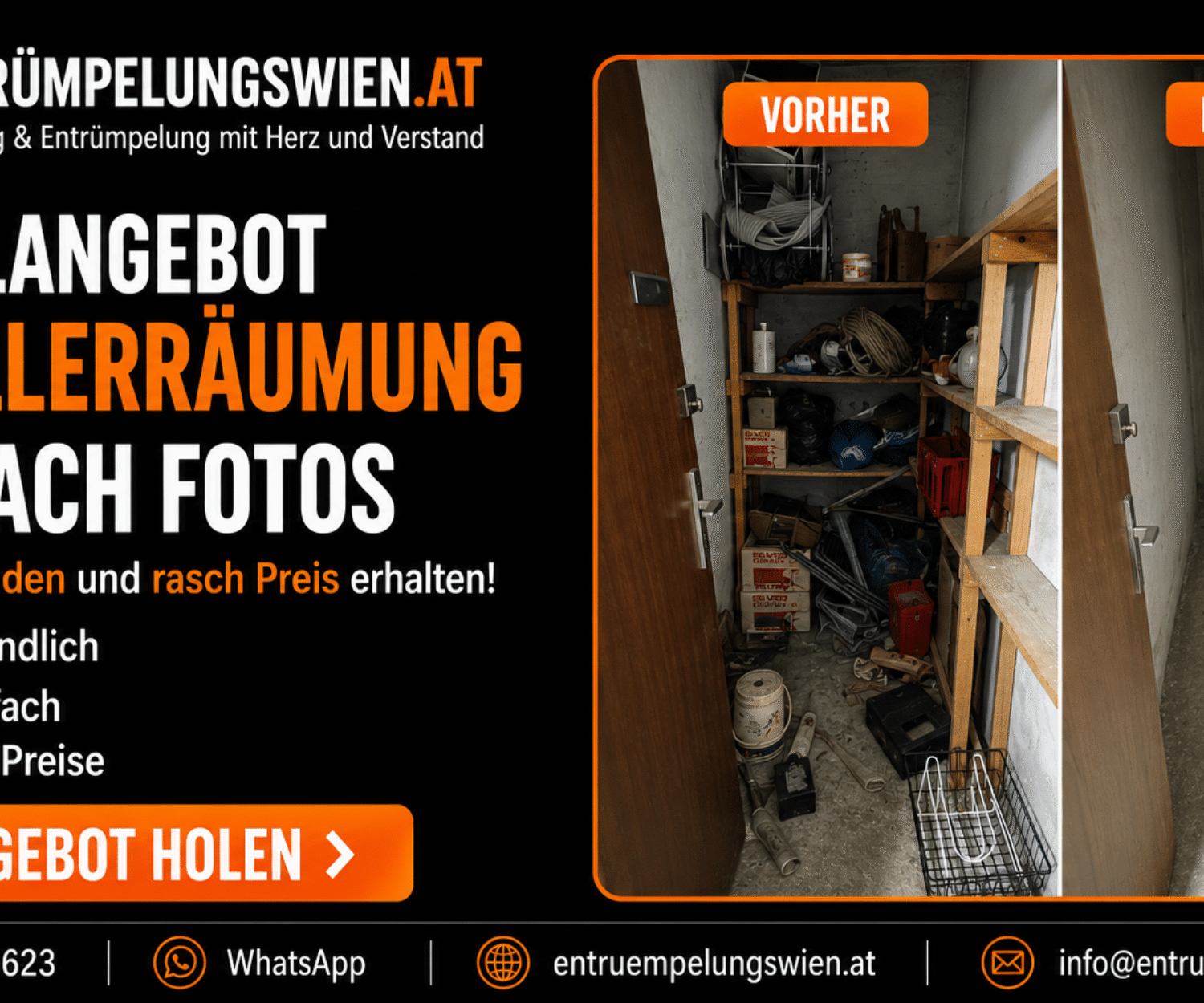 Schnellangebot für Kellerräumung Wien nach Fotos – Vorher-Nachher-Aufnahme eines vollgestellten und anschließend vollständig geräumten Kellerabteils