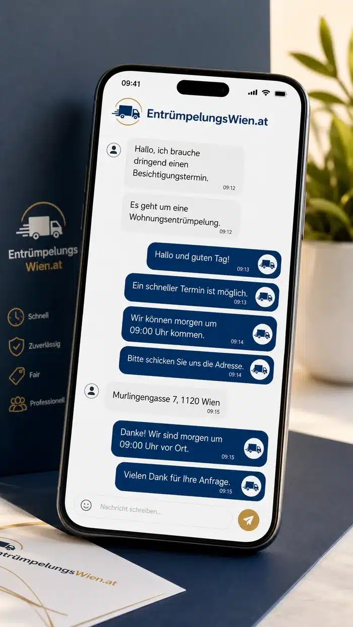 Kostenlose Besichtigung Wien – Terminvereinbarung per WhatsApp Kostenlose Besichtigung in Wien – kurzfristige Terminvereinbarung per WhatsApp für eine Wohnungsentrümpelung