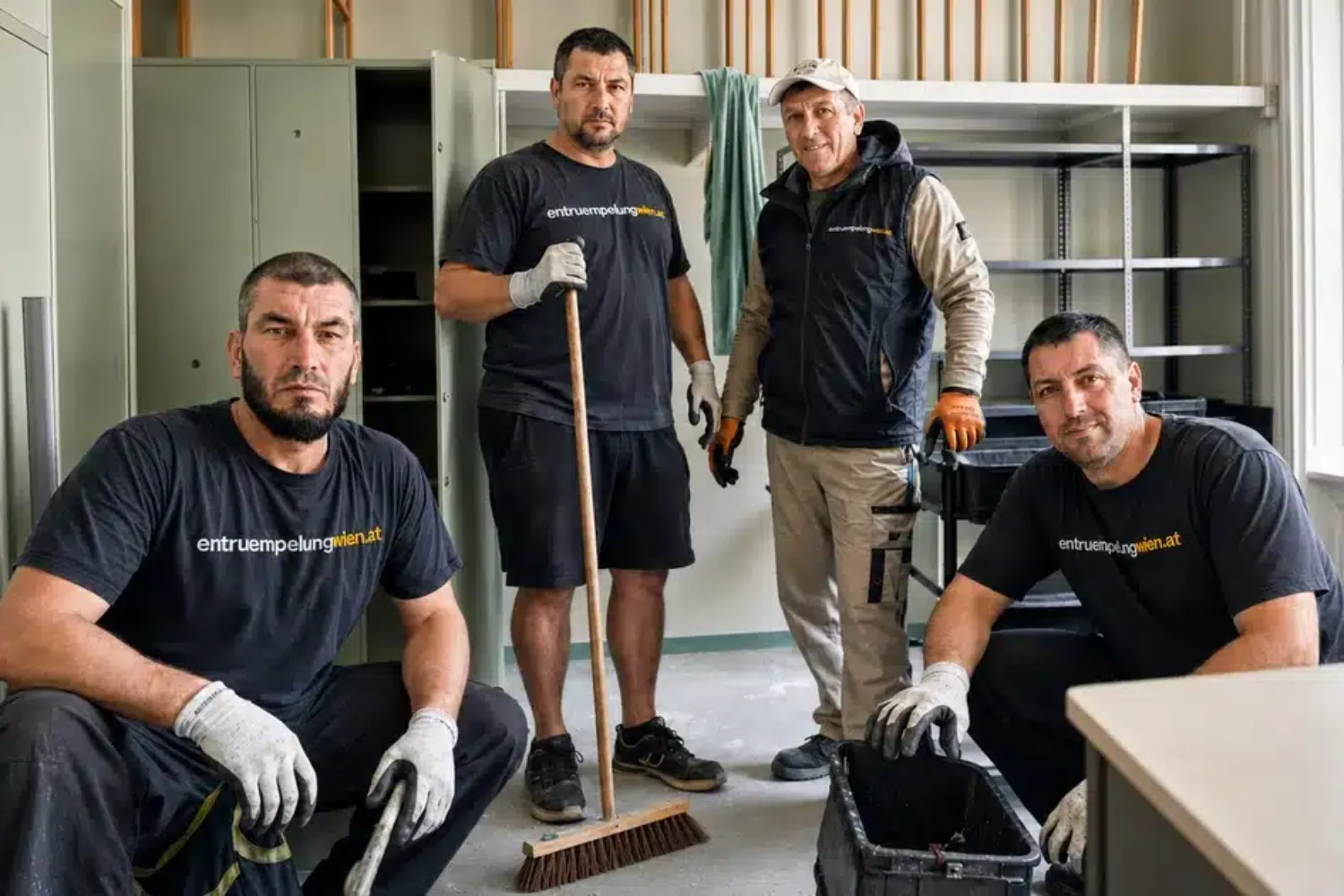Wohnungsräumung Niederösterreich Fixpreis – vierköpfiges Team von Entrümpelung Wien in einem ausgeräumten Lager- und Büroraum mit Metallschränken und offenen Regalen