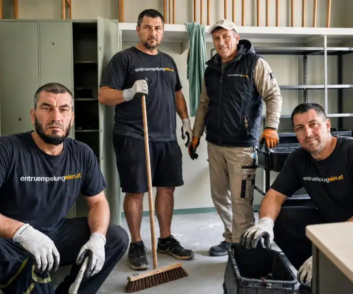 Wohnungsräumung Niederösterreich Fixpreis – vierköpfiges Team von Entrümpelung Wien in einem ausgeräumten Lager- und Büroraum mit Metallschränken und offenen Regalen