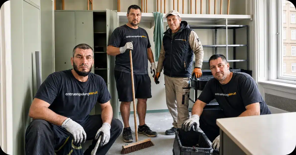 Wohnungsräumung Niederösterreich Fixpreis – vierköpfiges Team von Entrümpelung Wien in einem ausgeräumten Lager- und Büroraum mit Metallschränken und offenen Regalen