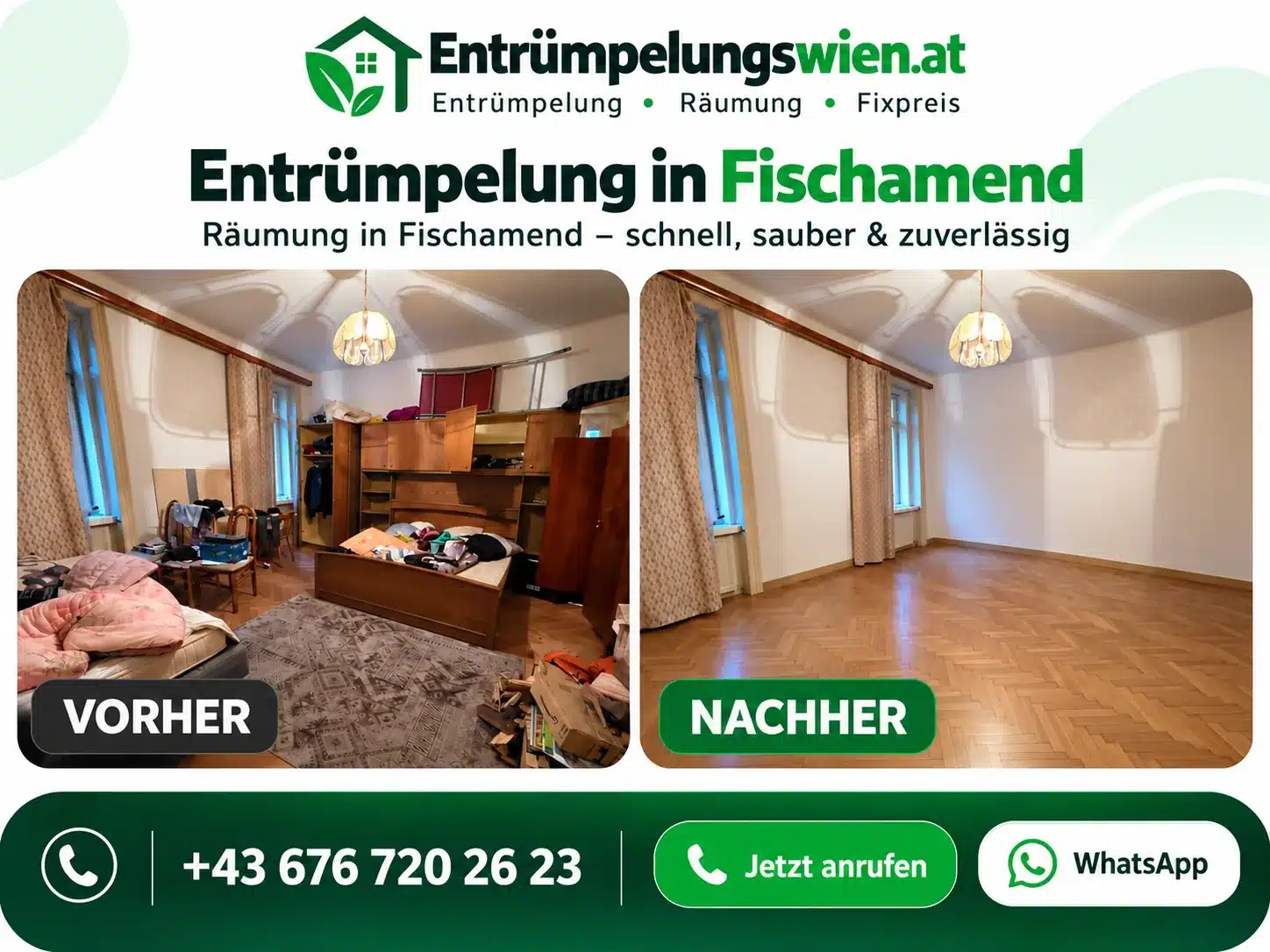 Entrümpelung in Fischamend – Vorher-Nachher-Vergleich eines geräumten Zimmers