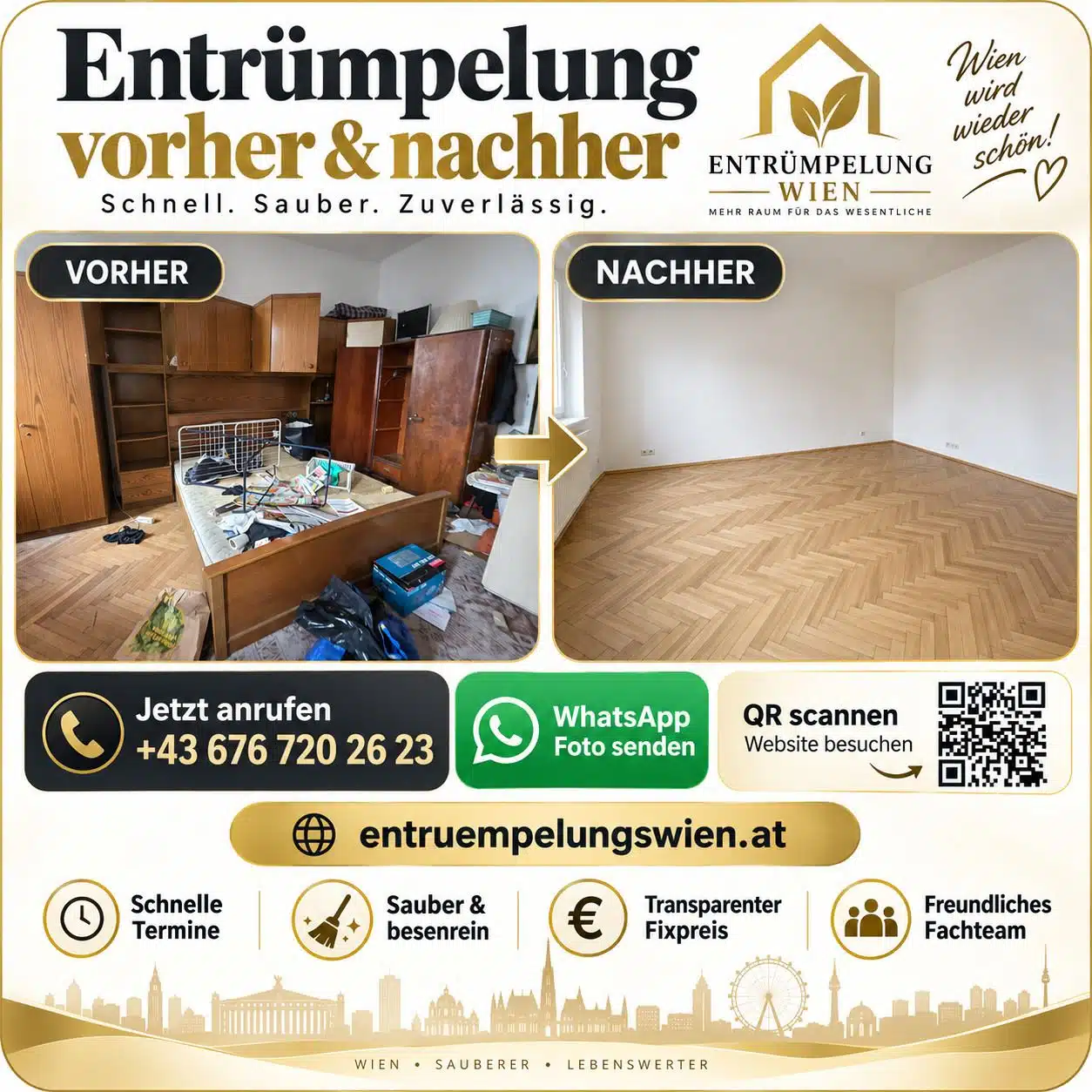 Hausentrümpelung in Wien – Vorher-Nachher-Grafik von Entrümpelungswien Hausentrümpelung in Wien – Vorher-Nachher-Vergleich eines vollgeräumten Zimmers, das anschließend leer und besenrein übergeben wurde