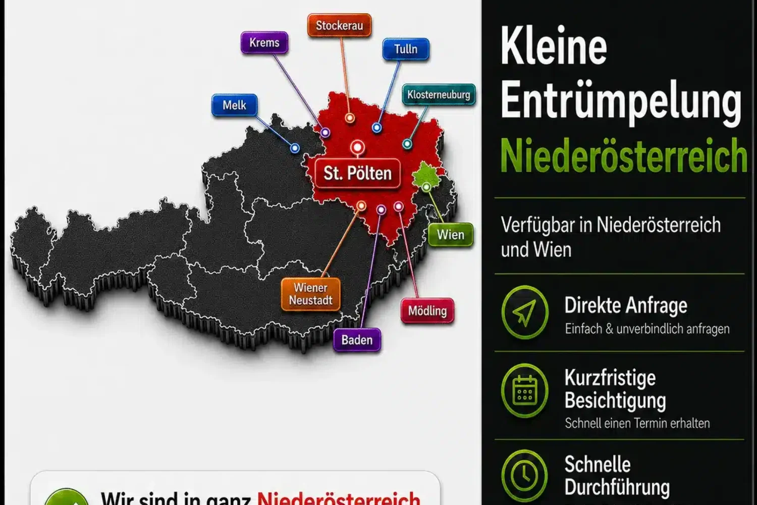 Kleine Entrümpelung Niederösterreich ab 200 Euro mit Österreich-Karte und markierten Einsatzorten