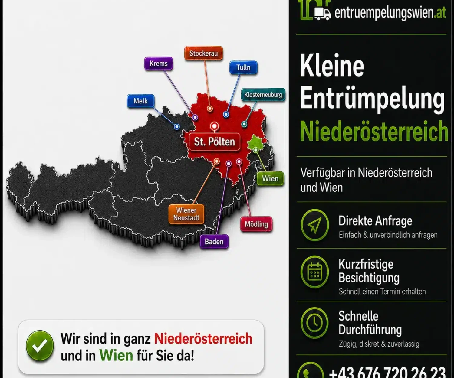 Kleine Entrümpelung Niederösterreich ab 200 Euro mit Österreich-Karte und markierten Einsatzorten