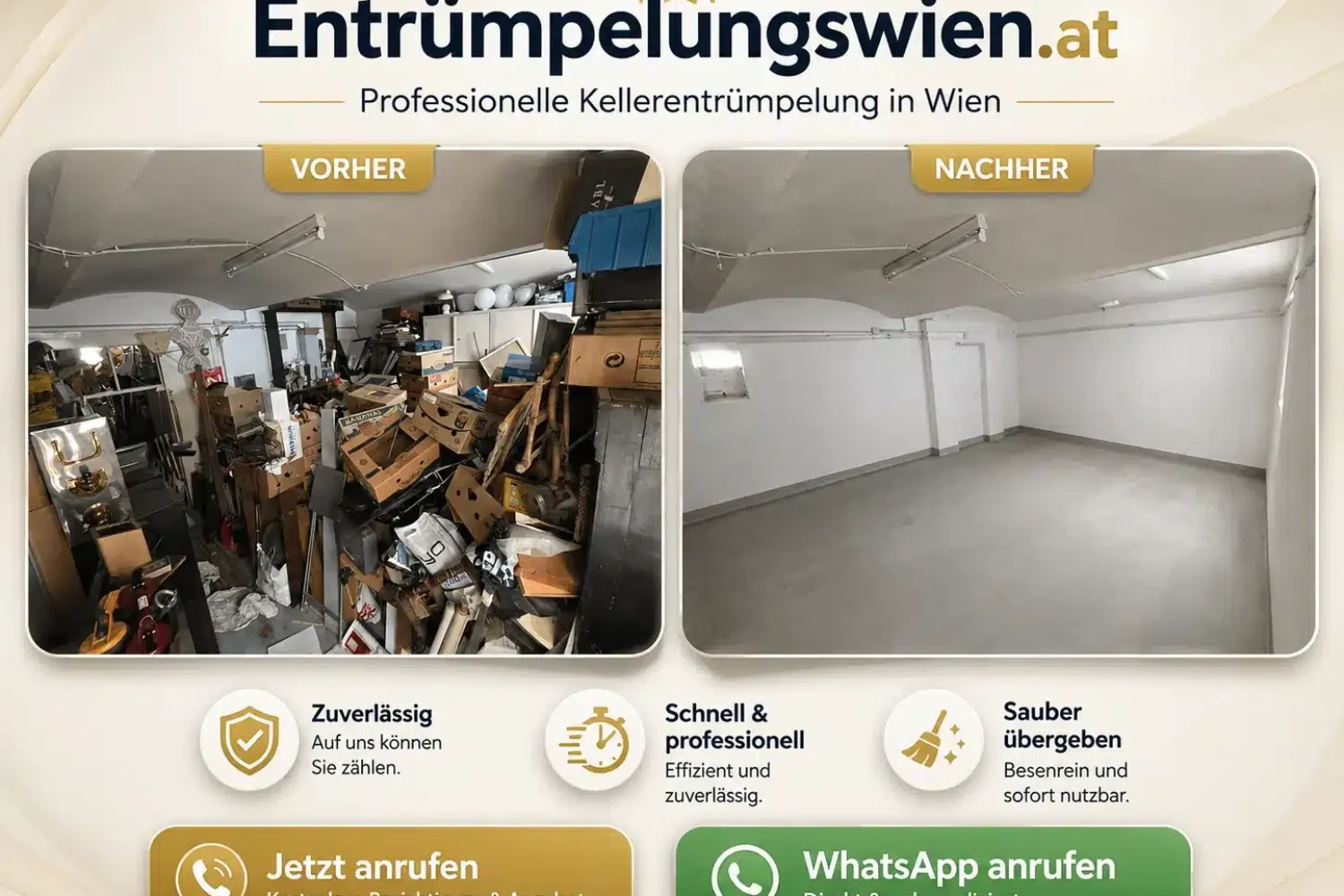 Schnellangebot für Kellerentrümpelung Wien nach Fotos – Vorher-Nachher-Vergleich eines vollgestellten Kellers, der anschließend leer und besenrein übergeben wurde