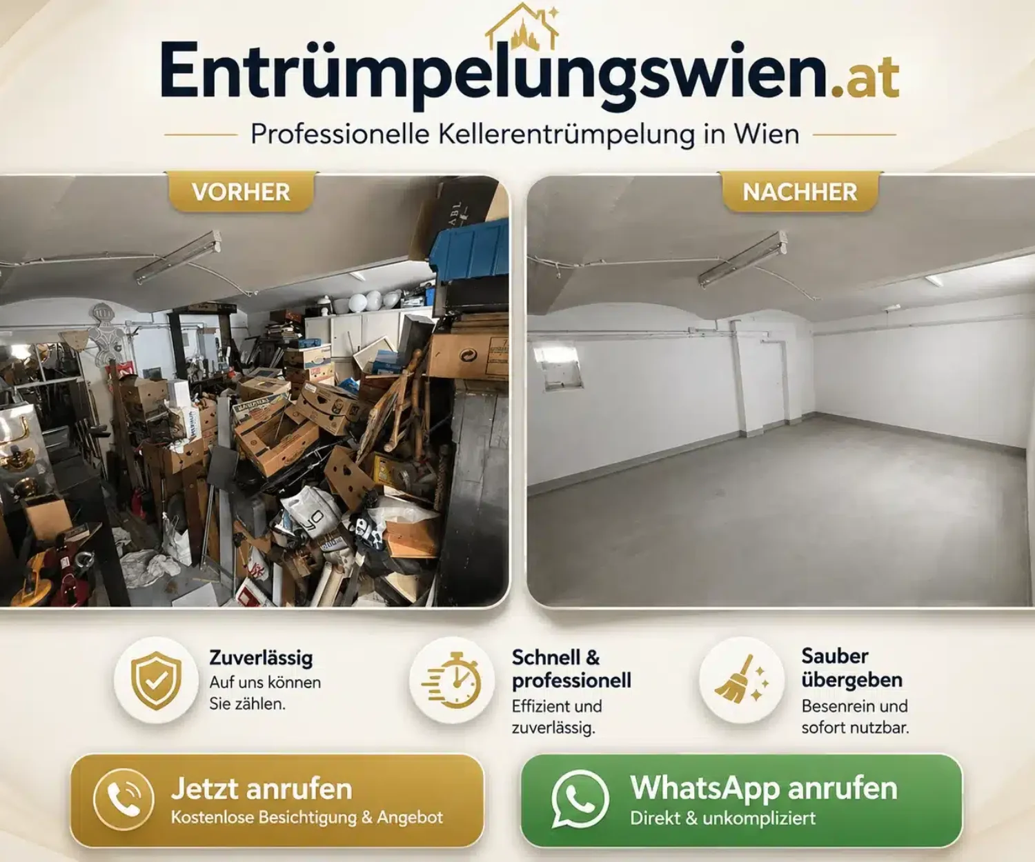 Schnellangebot für Kellerentrümpelung Wien nach Fotos – Vorher-Nachher-Vergleich eines vollgestellten Kellers, der anschließend leer und besenrein übergeben wurde