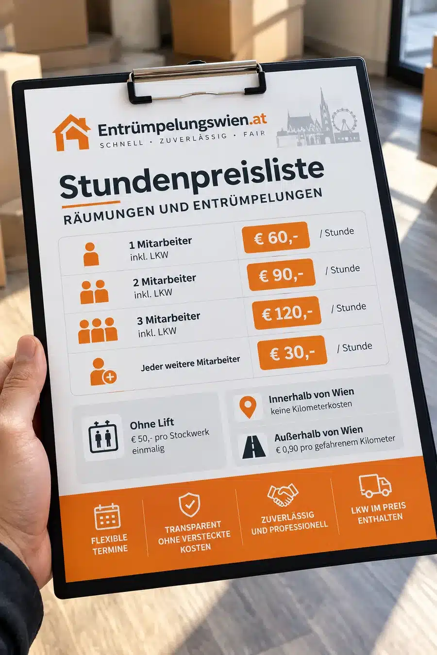 Stundenpreisliste von Entrümpelungswien.at mit Preisen für Mitarbeiter, LKW, Lift und Kilometerkosten